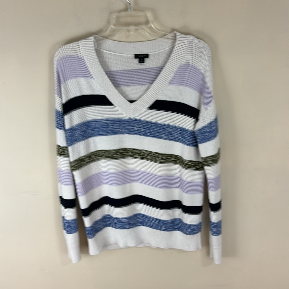 Ann Taylor Factory  100% Cotton V-Neck  Striped Sweater Size Small